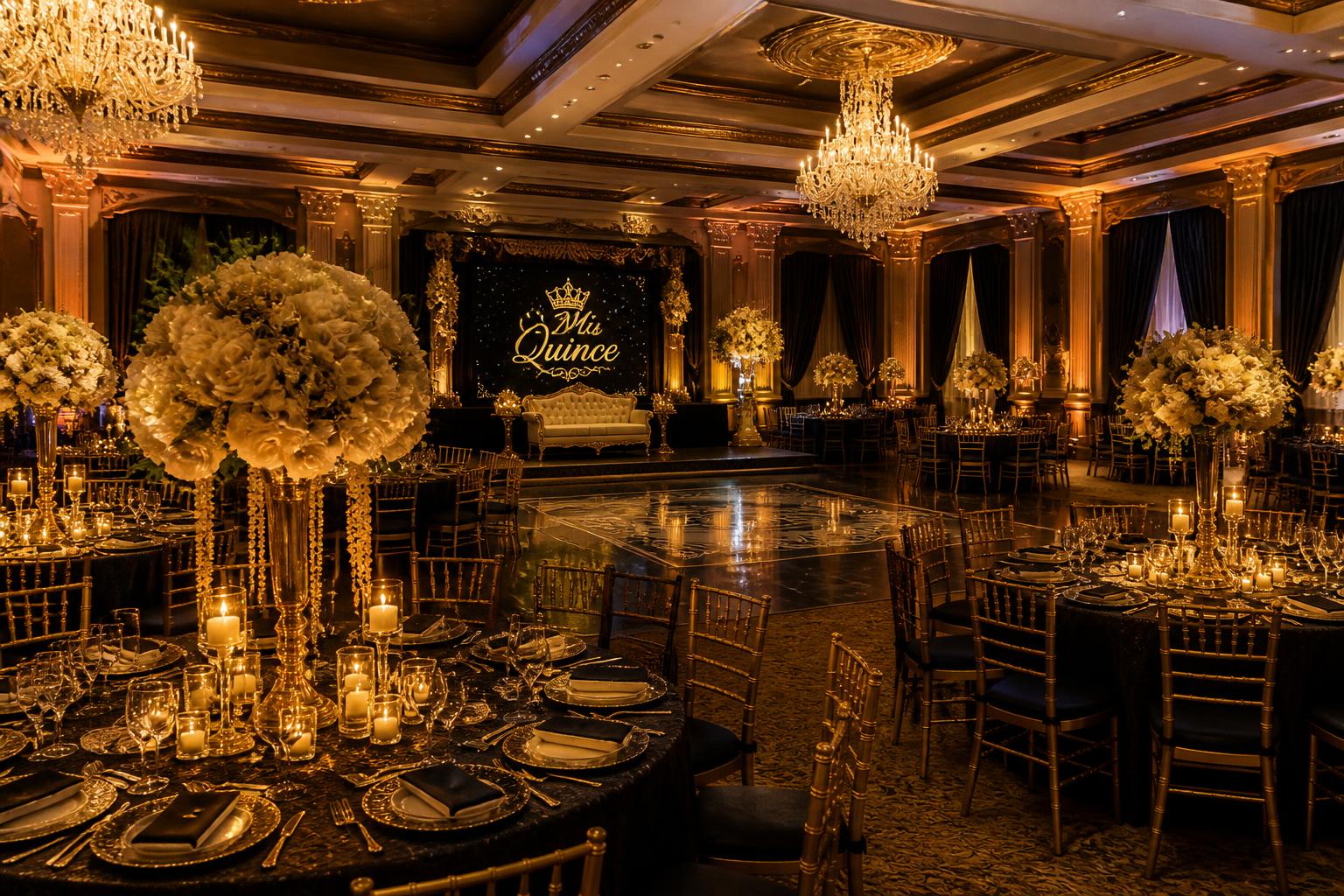 Salón de eventos Notre Dame decorado en dorado